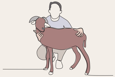 Color illustration of a man hugging his sacrificial animal. Eid al-Adha one-line drawingのイラスト素材