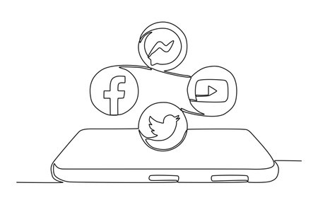 A cellphone with various social media networks. Social media day one-line drawingのイラスト素材