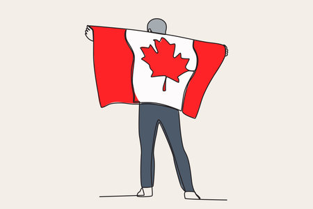 Color illustration of a man with a large Canadian flag on his back. Canada Day one-line drawingのイラスト素材