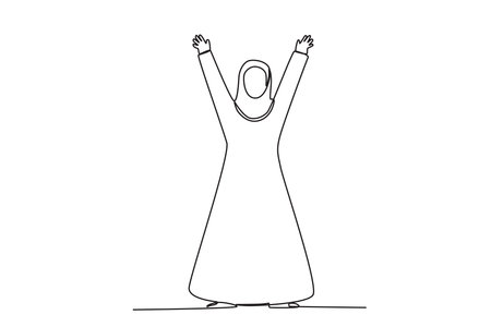 A happy Muslim woman raises her hands. Islamic new year one-line drawingのイラスト素材