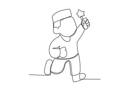 A boy runs with fireworks. Islamic new year one-line drawingのイラスト素材