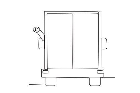 Rear view of a hand waving from inside the car. Dia do motorista one-line drawingのイラスト素材