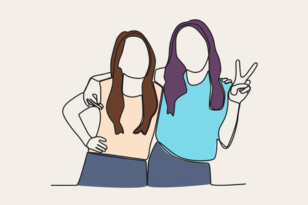 Color illustration of two girlfriends posing for the camera. Friendship Day one-line drawingのイラスト素材