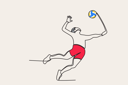 Colored illustration of a boy jumping to play volleyball. Beach volleyball one-line drawingのイラスト素材