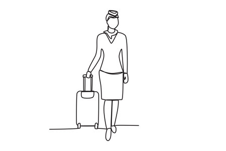 A flight attendant carrying a suitcase. Airport activity one-line drawingのイラスト素材
