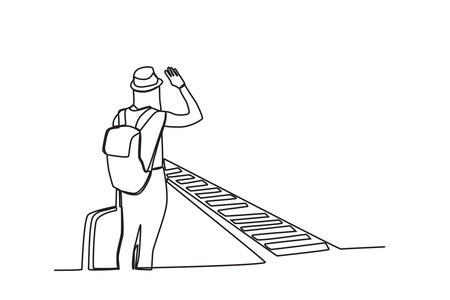 A woman waiting for a train. Train station activities one-line drawingのイラスト素材