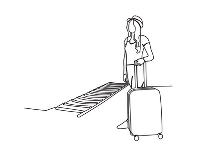 A woman traveling by train. Train station activities one-line drawingのイラスト素材