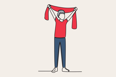 Color illustration of a supporter lifting a football team banner. Football supporter one-line drawingのイラスト素材