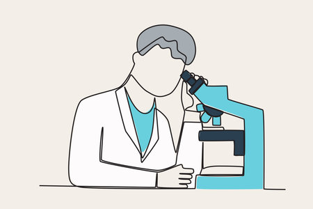 Color illustration of a researcher using a microscope. Researcher one-line drawingのイラスト素材
