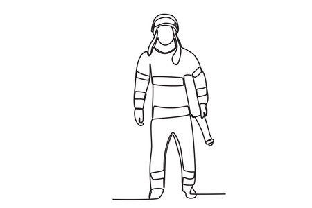 A firefighter prepares to put out the fire with a hose. Firefighter one-line drawingのイラスト素材