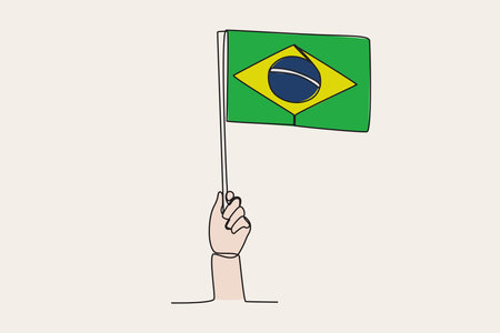 A hand raised the Brazil flag. Flag one-line drawingのイラスト素材