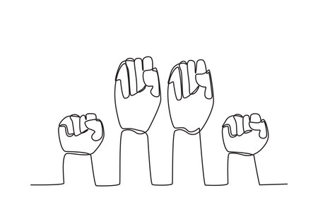 Four hands clenched upwards. World population day one-line drawingのイラスト素材