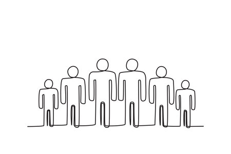 Six humans standing side by side. World population day one-line drawingのイラスト素材