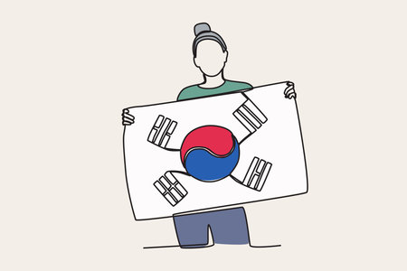 Color illustration of a woman holding a Korean flag. National liberation day of Korea one-line drawingのイラスト素材