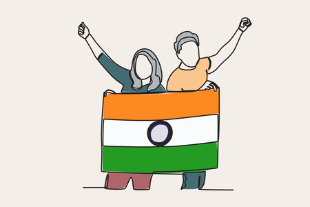 Color illustration of two friends holding Indian flags. India independence day one-line drawingのイラスト素材