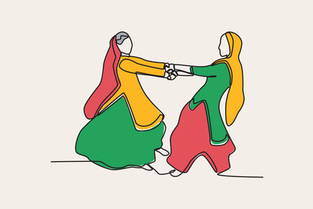 Color illustration of two women dancing in a festival Teej. Teej one-line drawingのイラスト素材