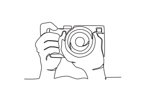 Hand adjusts lens to focus. World photography day one-line drawingのイラスト素材