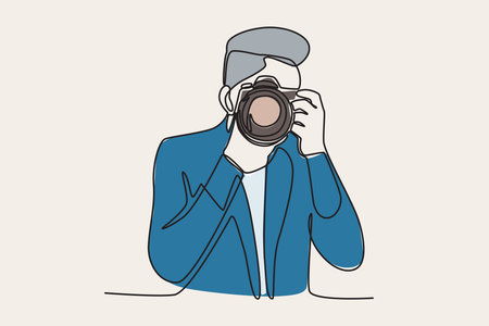 Color illustration of a cameraman taking a picture. World photography day one-line drawingのイラスト素材