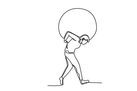 A man lifts a weight on his back. Work obstacle one-line drawingのイラスト素材