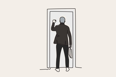 Colorful illustration of a business man knocking on the door. Work obstacle one-line drawingのイラスト素材