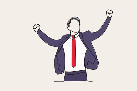 Color illustration of a man celebrating the success of the target. Achieve target at workのイラスト素材