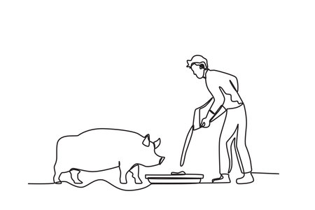 Side view of the farmer feeding pigs. Farmer and cattle one-line drawingのイラスト素材