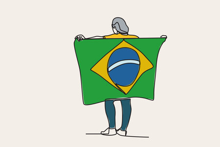 Color illustration of a man holding a Brazilian flag. 7 de setembro one-line drawingのイラスト素材