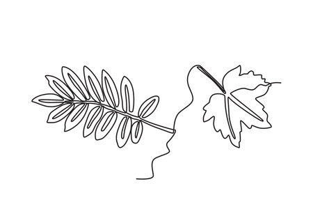 Autumn leaves are blown by the wind. Autumn one-line drawingのイラスト素材