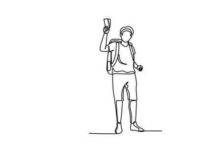 A tourist on a tour shows his ticket. World tourism day one-line drawingのイラスト素材