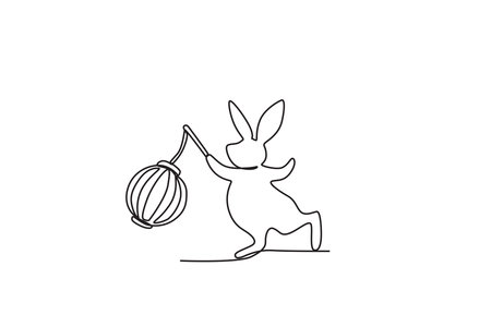 A happy rabbit playing lantern. Mid-autumn one-line drawingのイラスト素材