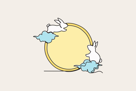 Colored illustration of a rabbit playing on the moon. Mid-autumn one-line drawingのイラスト素材