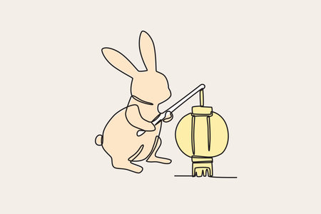 Colored illustration of a rabbit holding a lantern. Mid-autumn one-line drawingのイラスト素材