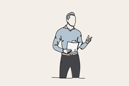 Color illustration of a male presentation holding his report. Presentation one-line drawingのイラスト素材
