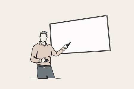 Color illustration of a man presenting his report. Presentation one-line drawingのイラスト素材