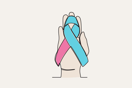 Color illustration of a hand holding a ribbon of awareness of a baby. Pregnancy and infant loss awareness month one-line drawingのイラスト素材