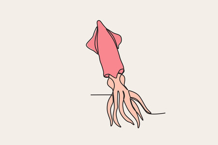 Colored illustration of a squid swimming in the sea. World animal day one-line drawingのイラスト素材