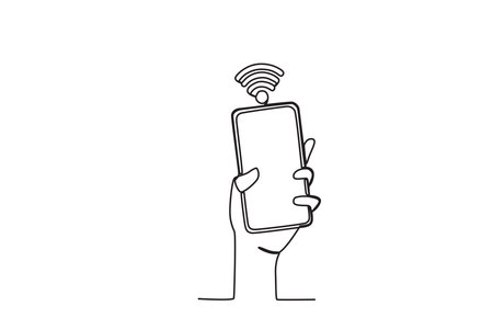 A hand holding a cellphone with the Internet. International internet day one-line drawingのイラスト素材