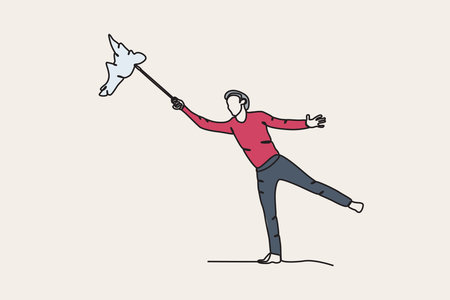 Color illustration of a man being attacked by a storm. Hurricane one-line drawingのイラスト素材