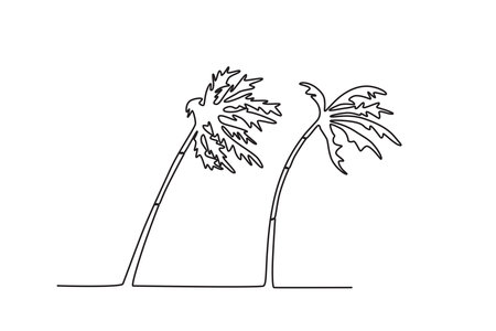 Two coconut trees were attacked by a storm. Hurricane one-line drawingのイラスト素材
