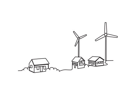A village and a windmill. Village one-line drawingのイラスト素材