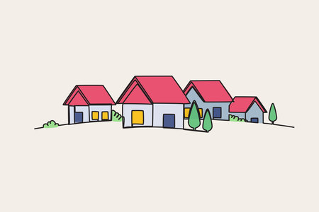 Color illustration of a densely populated village. Village one-line drawingのイラスト素材