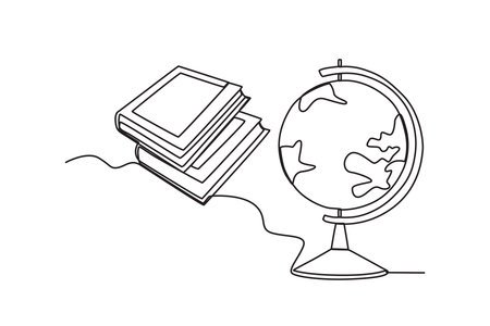 A globe and two books. School equipment one-line drawingのイラスト素材