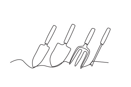 Four pieces of mini farming equipment. Farm tools one-line drawingのイラスト素材