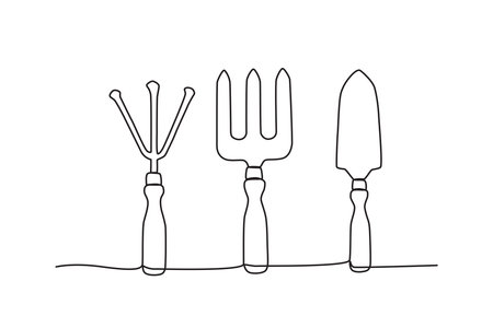 The gardening equipment. Farm tools one-line drawingのイラスト素材