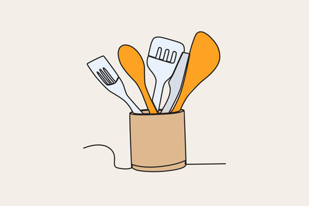 Color illustration of tableware and cooking utensils. Cooking and kitchen tools one-line drawingのイラスト素材