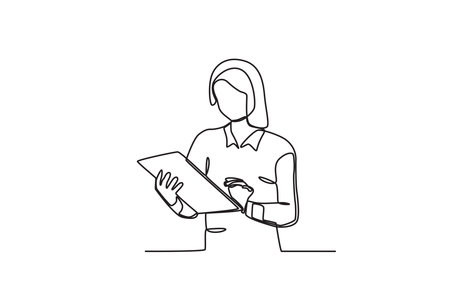 A woman studies her business. Dia de la mujer emprendedora one-line drawingのイラスト素材