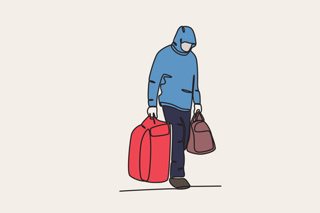 Color illustration of a migrant man carrying two bags in his hands. International migrants day one-line drawingのイラスト素材