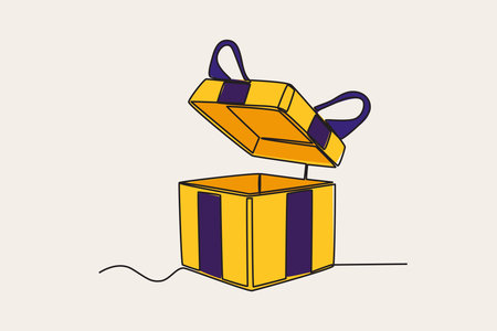 Color illustration of a gift box with the lid open. Boxing day one-line drawing
