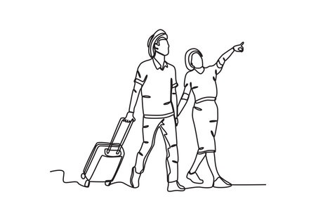 A couple on a honeymoon trip. Honeymoon one-line drawingのイラスト素材