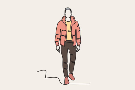 Color illustration of a man wearing winter clothes. Winter outfit one-line drawingのイラスト素材